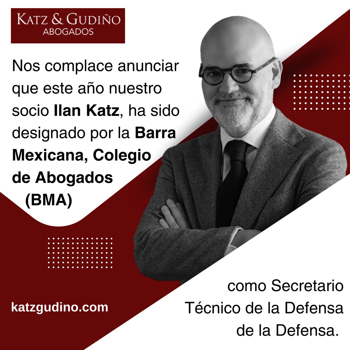 KatzGudino's tweet photo. Nos complace anunciar que este año nuestro socio @ilankatzmayo ha sido designando por la @BMA_Abogados como Secretario Técnico de la Defensa de la Defensa, gracias a su compromiso profesional. 

¡Enhorabuena!

#BMA #katzgudiño #abogadoslíderes https://t.co/D5QPzXwiKu