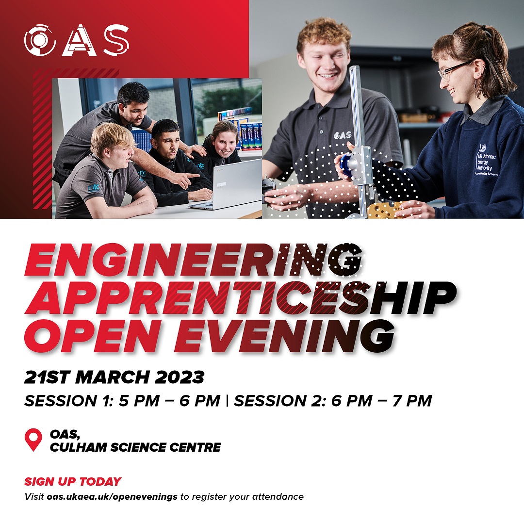 OAS_UKAEA's tweet image. It&apos;s 1 week until our Open Evening on 21st March! Come along to find out more about Engineering Apprenticeships at OAS, meet the team and tour the facilities. Sign up now: ow.ly/t6RS50N1Owk  
#EngineeringApprenticeship #OpenEvening #Engineering
