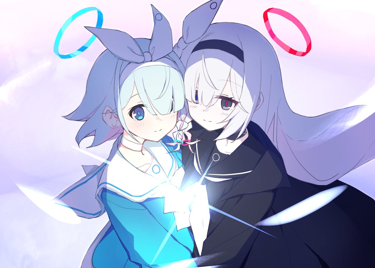arona (blue archive) multiple girls 2girls halo hair over one eye long hair hairband sailor collar  illustration images