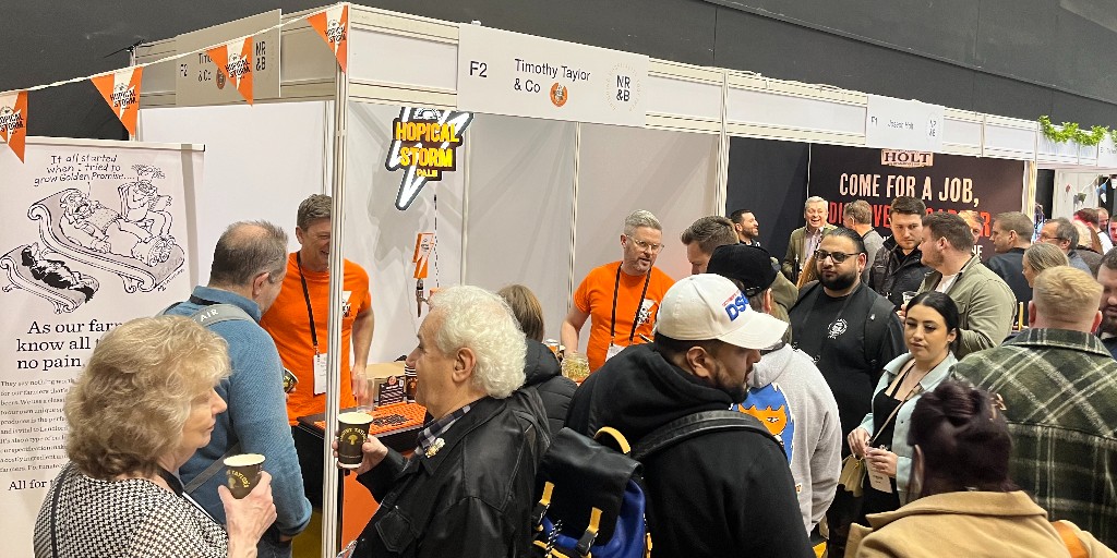 TimothyTaylors's tweet photo. Very busy day today at @NRBManchester!

If you're visiting and fancy a taste of Hopical Storm, our striking triple-hopped pale ale, come over to Stand F2 ⚡

You can also play our Spin to Win game and bag yourself some free goodies! https://t.co/Ys1U8F93dc