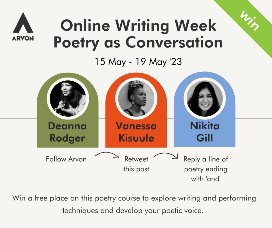 arvonfoundation's tweet photo. GIVEAWAY✨ To celebrate our upcoming Poetry Online Writing Week with Vanessa Kisuule, Deanna Rodger and guest Nikita Gill, Arvon is giving away a free place in exchange for your participation in our collaborative poem. https://t.co/tVD0b2v0S6