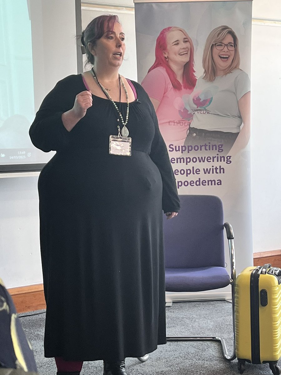talklipoedema's tweet photo. Lorna Taggart gave us a very moving talk about her own perspectives of living with lipoedema. Stewart of @essity was a great assistant in demonstrating the extra weight that a person with lipoedema manages every day. ❤️

#lipoedema #lipoedemaawareness #lipedema #heavylegs https://t.co/JZGBNkgYbK