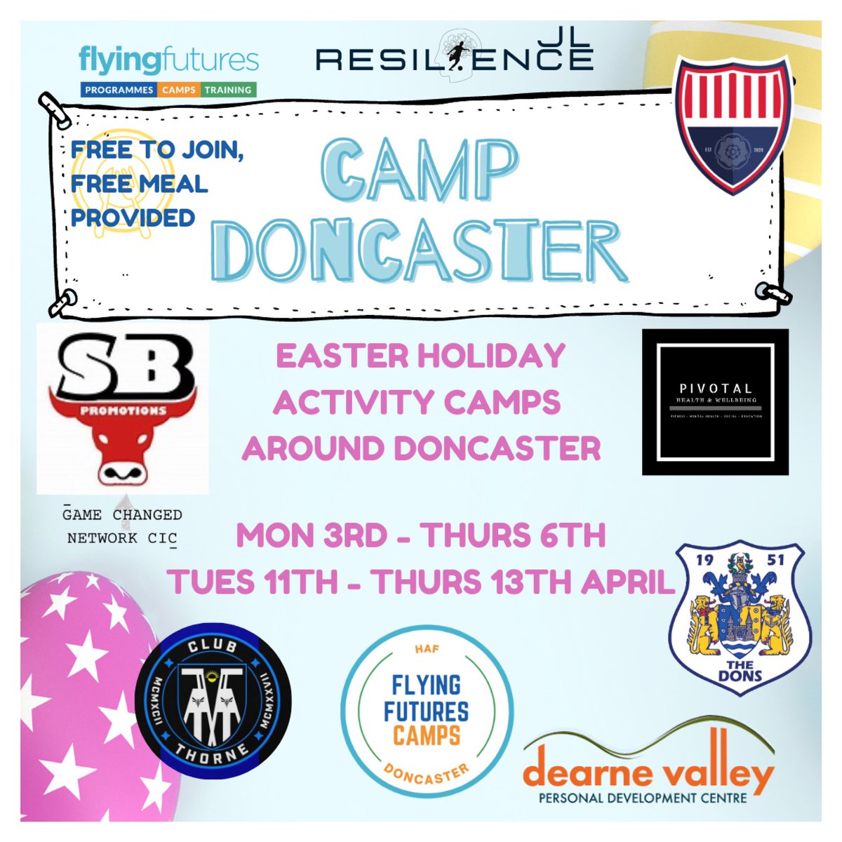 Camp Doncaster is back this Easter 🐣

FREE holiday activity programmes for children aged 5-16 in and around Doncaster. Includes a hot meal each day. 

Camps available at:
* Hall Cross Lower 
* Mexborough 
* Denaby
* Eco Power Stadium 
* Balby 
* Moorends 
#doncasterisgreat