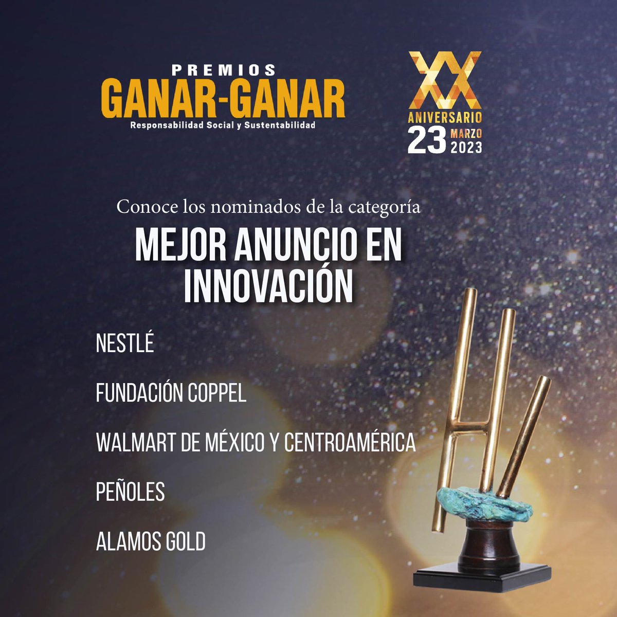 Revista Ganar Ganar (@ganarganar) on Twitter photo Los nominados para la categoría de Mejor Anuncio en Innovación, de los #PremiosGanarGanar 2023, son <a href="/NestleMX/">Nestlé México</a>, Fundación <a href="/Coppel/">Coppel</a>, <a href="/WalmartMXyCAM/">Walmart México y CAM</a>, <a href="/IndPenoles/">Industrias Peñoles</a> y <a href="/AlamosGoldInc/">Alamos Gold Inc.</a>.
Vota por tu favorito aquí: ganar-ganar.mx/votar-2023/ Los nominados para la categoría de Mejor Anuncio en Innovación, de los #PremiosGanarGanar 2023, son <a href="/NestleMX/">Nestlé México</a>, Fundación <a href="/Coppel/">Coppel</a>, <a href="/WalmartMXyCAM/">Walmart México y CAM</a>, <a href="/IndPenoles/">Industrias Peñoles</a> y <a href="/AlamosGoldInc/">Alamos Gold Inc.</a>.
Vota por tu favorito aquí: ganar-ganar.mx/votar-2023/