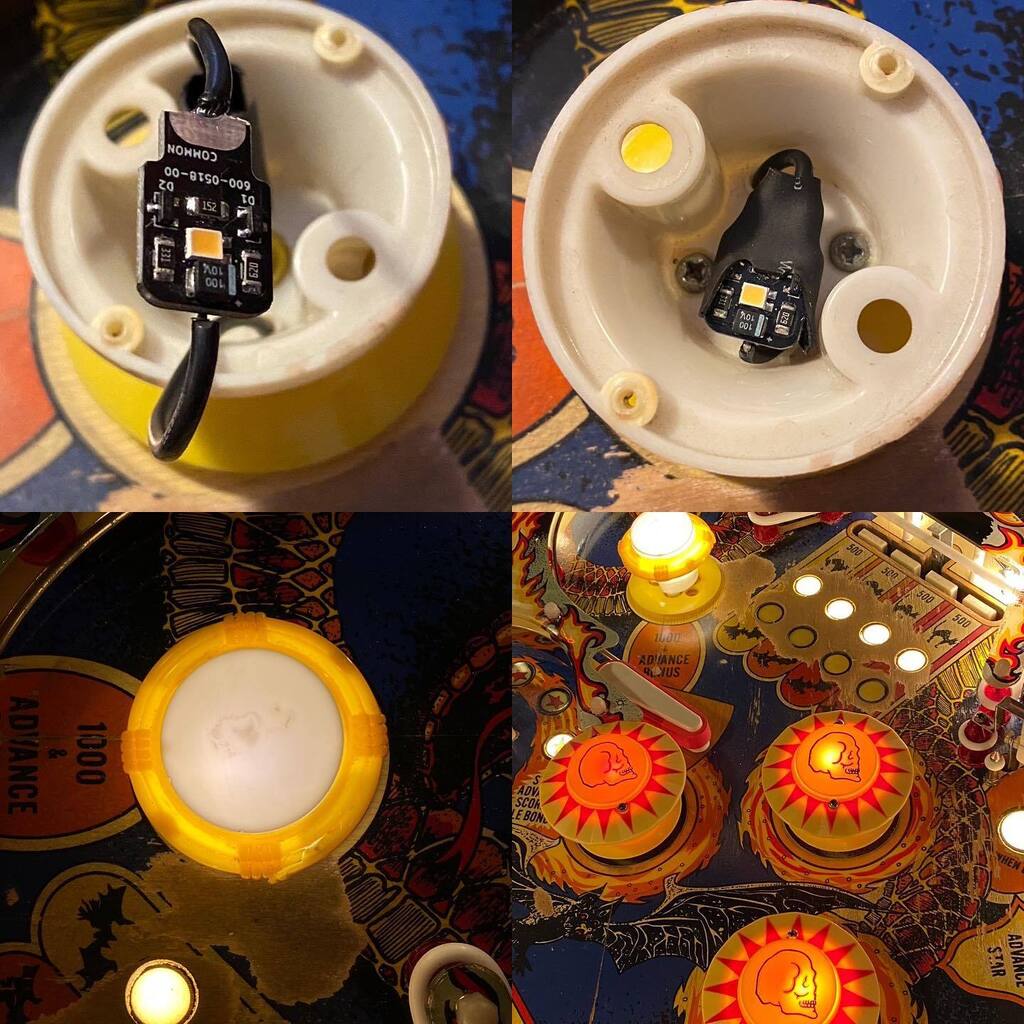 STPinball's tweet image. Today’s experiment in pop bumper lighting. Certainly better than a bright spot in one tiny section of the lid. #pinball #popbumpers #pinballlife #anarcy #leds #sternelectronics #dracula