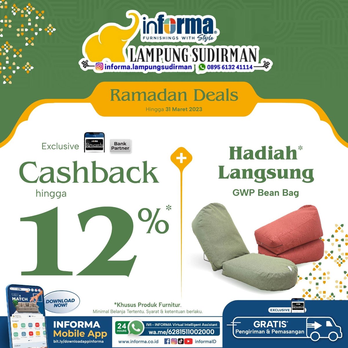 INFORMA Ramadan Deals

Nikmati Cashback hingga 12% + Hadiah Langsung Bean Bag setiap transaksi furnitur dengan Member INFORMA atau Kartu Bank Partner.

Untuk Info &amp; Pemesanan Chat kami di
api.whatsapp.com/send?phone=628…