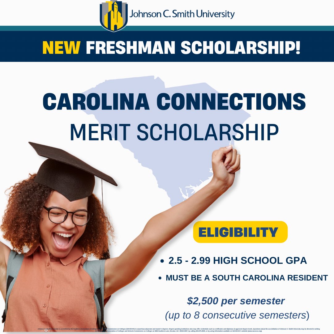 AdmissionsJcsu's tweet photo. The Office of Admissions is proud to announce #CarolinaConnections, a *NEW* scholarship for #SouthCarolina residents! 

Eligibility:
•2.5 - 2.99 HS GPA
• Must be a South Carolina Resident 

$2,500 per semester 

#JCSU #GoldenBulls #Scholarship #Carolinas https://t.co/yg4jDou38L