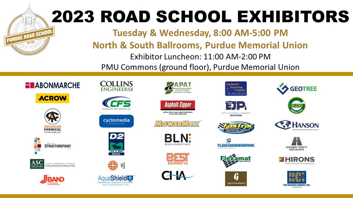 PurdueRdSchool's tweet photo. Over 50 exhibitors at the 109th Purdue Road School!!  View the Exhibitor Booth Layout at https://t.co/xztM2Siedp. https://t.co/Ym31rkaidv