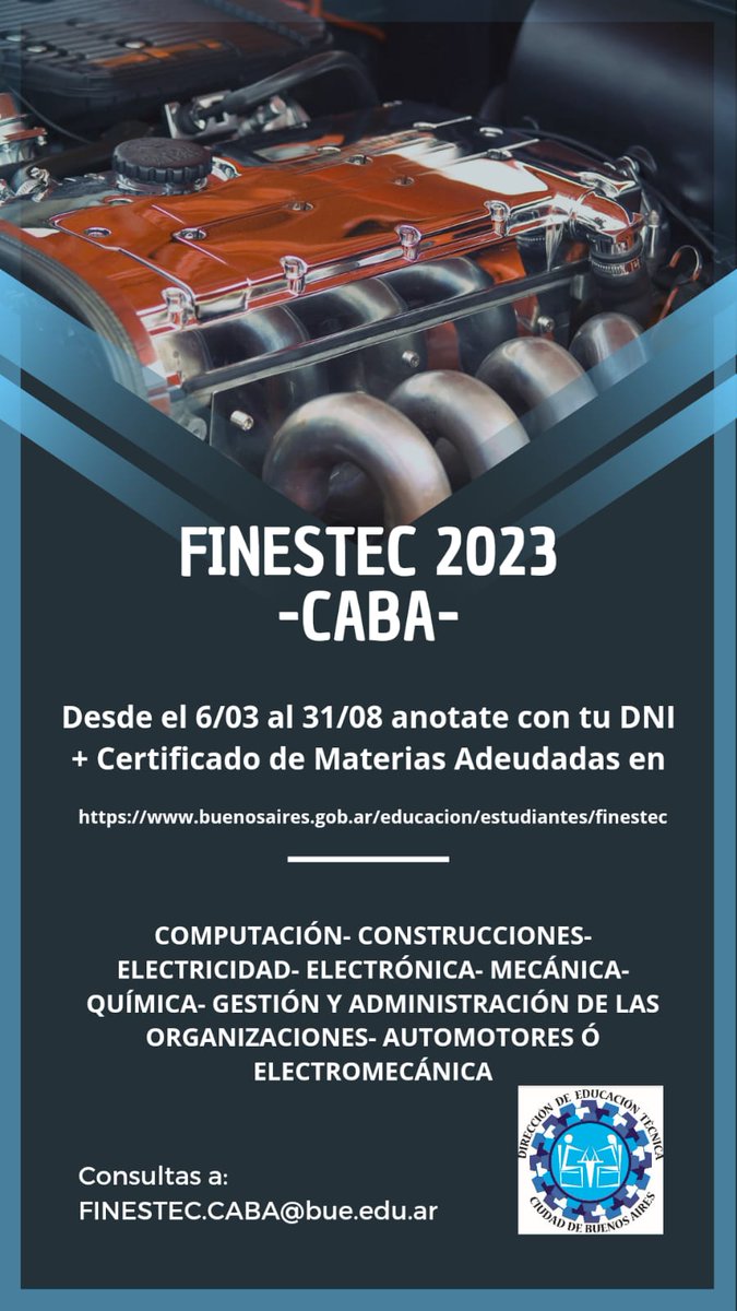 INETetp's tweet photo. 📢ATENCIÓN❗ Estudiantes de #CABA
Si cursaste hasta 6° año en una escuela técnica y te quedaron materias pendientes para recibirte, podés preinscribirte en la 1° etapa de #FinEsTec 2023:
📲 https://t.co/fVXfVJWgBS
📌Modalidad presencial y virtual
Ver especialidades👇🏿
(hilo) https://t.co/ygem5oBKt3