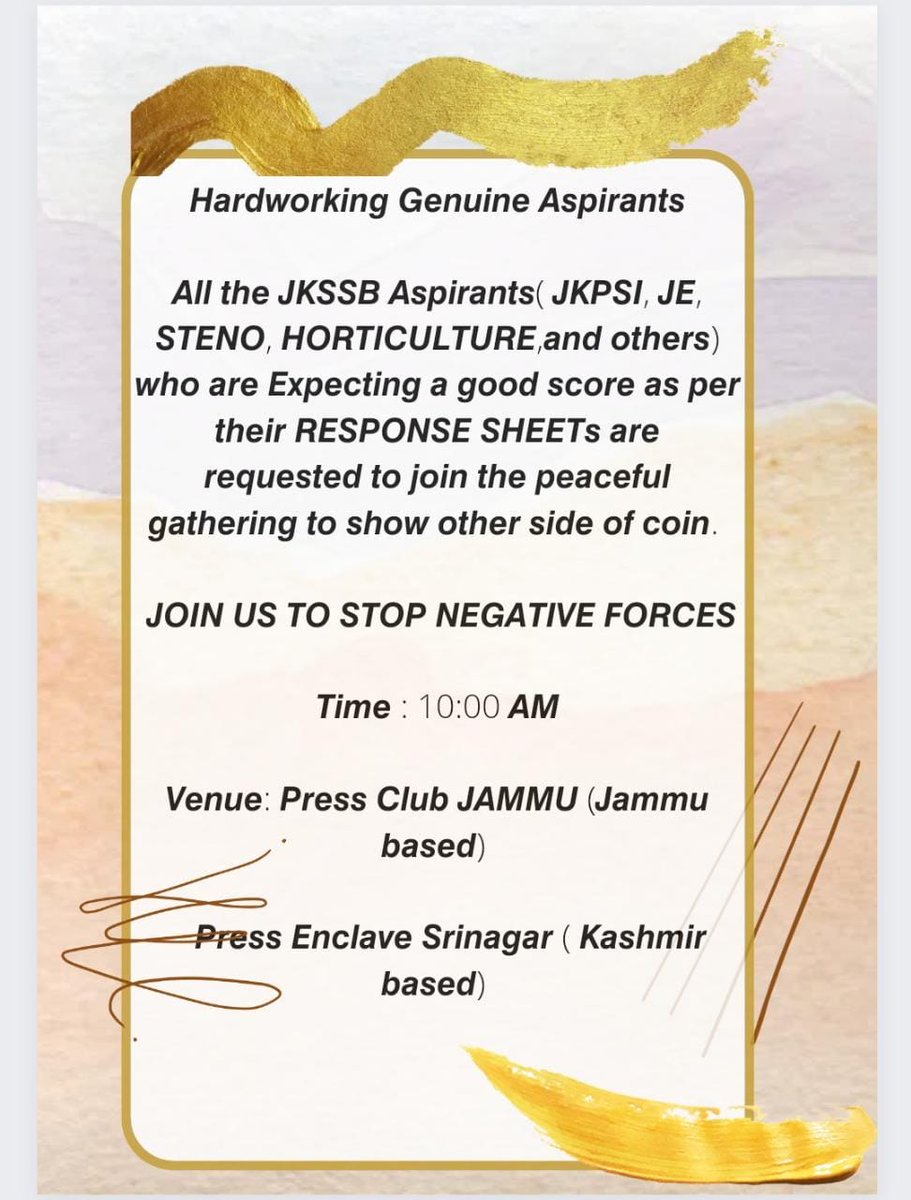 JKPSI2024's tweet photo. Call for peaceful gathering tomorrow at both the capital cities of JKUT. 
DO JOIN TO STOP NEGATIVE FORCES. 
#ReExamGang https://t.co/JgCnc6Y7US