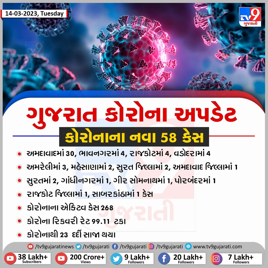 BarotDipali's tweet image. ગુજરાતમાં કોરોનાના કેસમાં સતત વધારો, નવા 58 કેસ નોંધાયા, એક્ટિવ કેસ 268

#Corona #Coronacase #Gujarat #TV9News #CoronaUpdate
