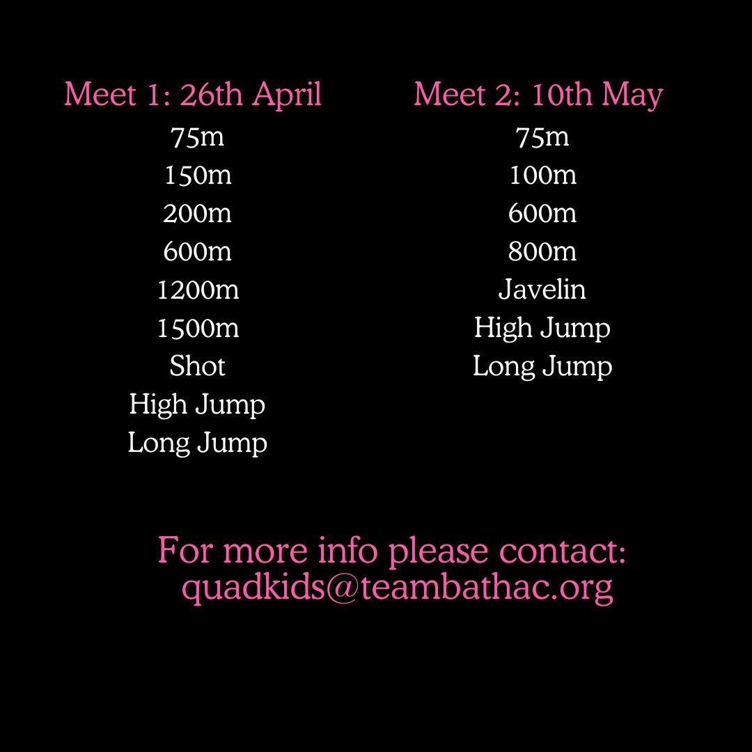 YateAC's tweet photo. 2x FREE Junior (U11/U13/U15) Open Meetings hosted by @TeamBathAC coming up in April &amp; May.
Entry via https://t.co/hvPxYikdgj or by following the QR code in the attached picture.
For more info please contact:
quadkids@teambathac.org https://t.co/y7ic64HlTm