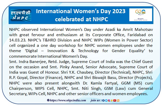 nhpcltd's tweet photo. International Women’s Day 2023 celebrated at NHPC #Hydropower #nhpclimited #MinOfPower #power_pib #PIB_India https://t.co/QMdM5cBWMn