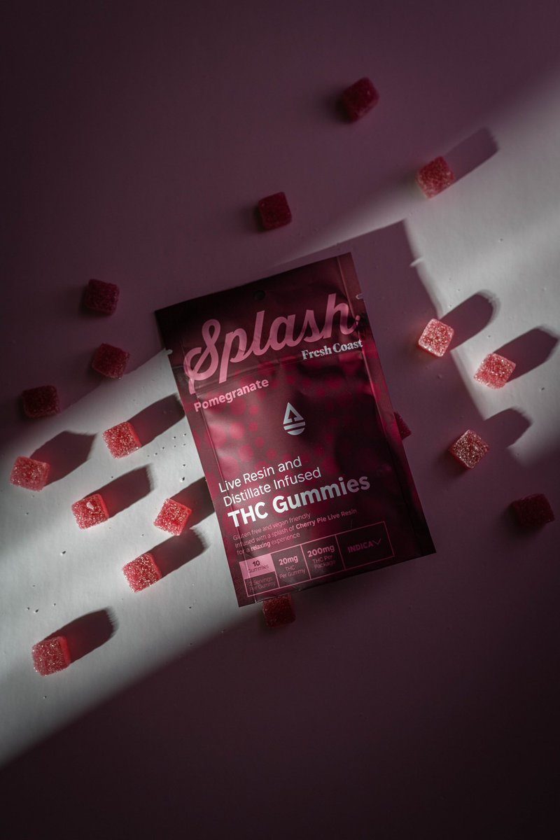 Splash Pomegranate Gummies. 

The subtle, yet potent, effects of terpenes from the Live Resin will leave you feeling especially relaxed. This carefully crafted indica blend is ideal for unwinding with friends or enjoying a peaceful night in.