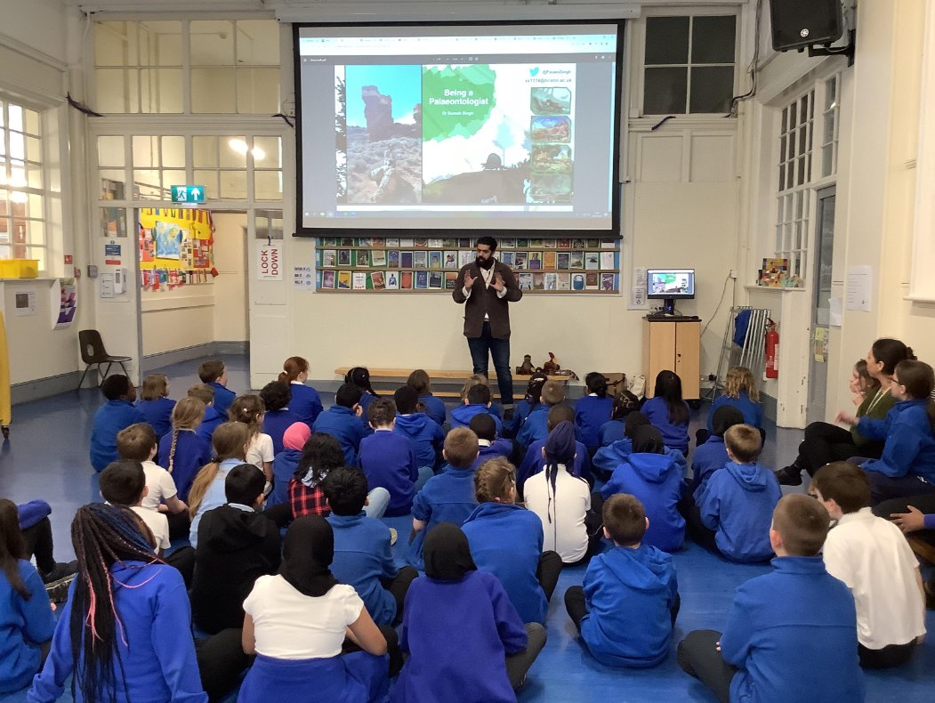 SummerhillAcad1's tweet photo. To kick off Science Week, Year 5 welcomed palaeontologist Dr Suresh Singh from the University of Bristol! We found out all about dinosaurs; evolution and extinction.🦖🦕 @Cabotfederation https://t.co/gDuKmxKmXR