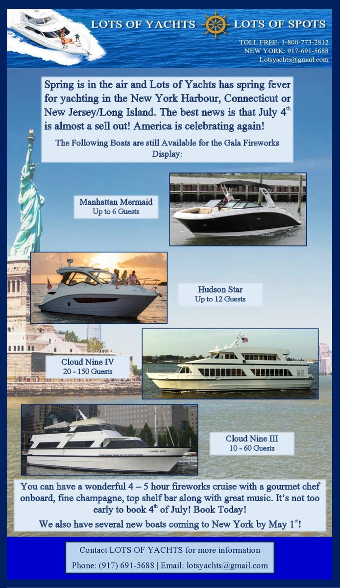LotsofYachts1's tweet photo. Spring is just around the corner, now is the time to start planning your outdoor spring activities! Join Lots of Yachts aboard one of our luxury private yachts which is perfect for a relaxing family day on the water while soaking up the sun!
#yachts #yachting #spring #springtime https://t.co/ZeKoPoN2Wq
