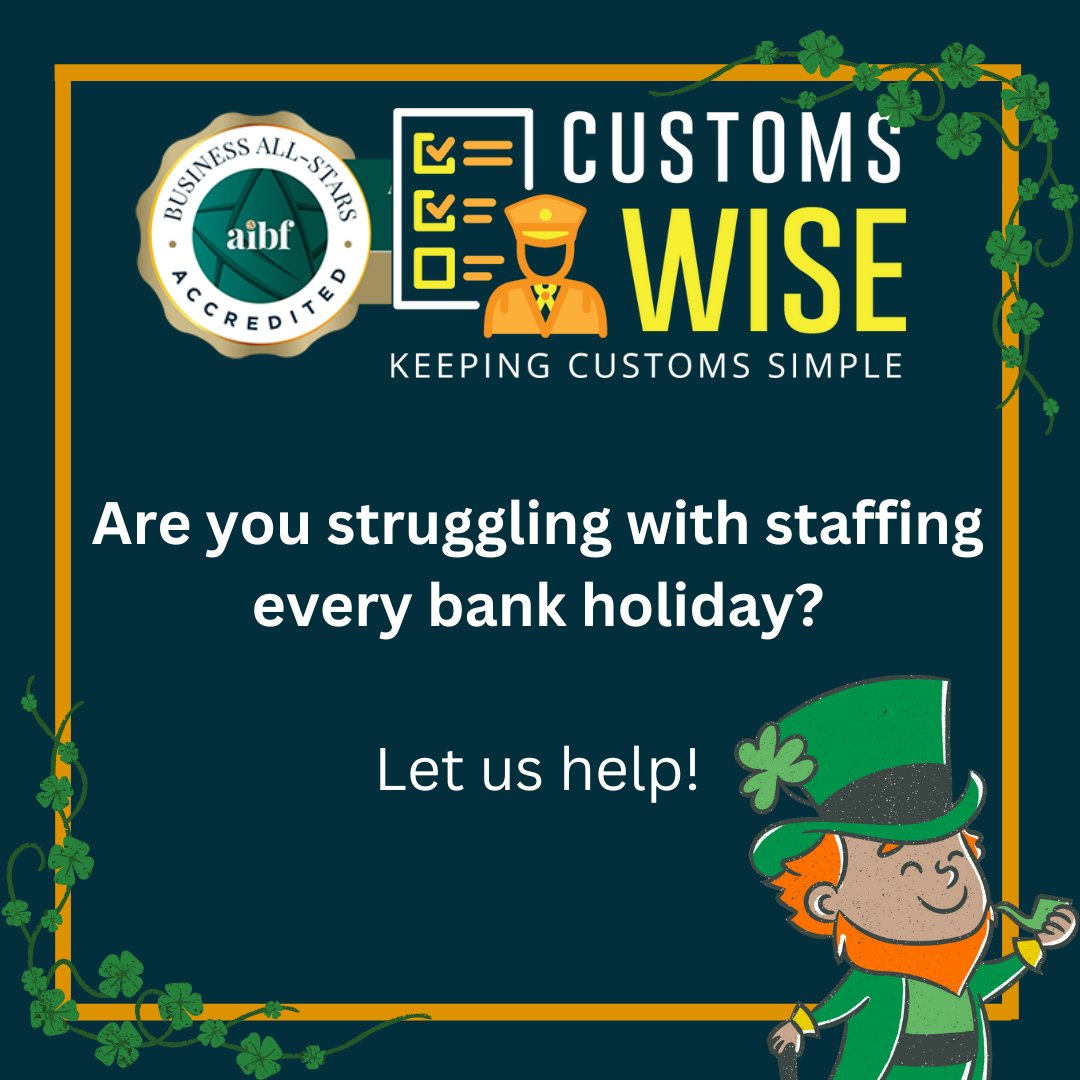 It's almost St Patrick's Day! A bank holiday for those based in Ireland but not one for many of our trading partners. 

Interested in learning more about our solutions? 
Email: info@customswise.ie 

#bankholiday #stpatricksday #staffing #customs #globaltrade