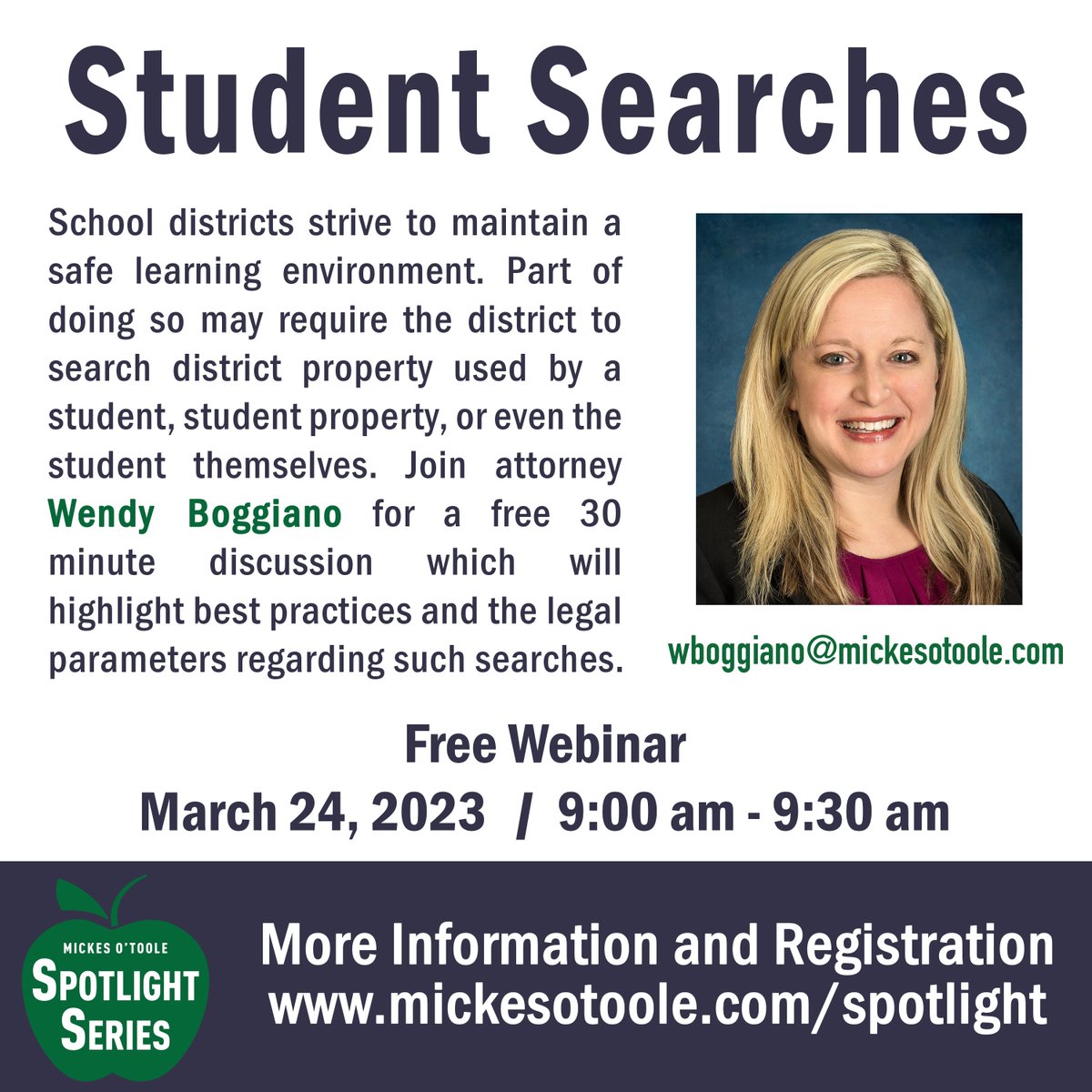 MickesOToole's tweet photo. Join attorney Wendy Boggiano for a #free 30 minute webinar on Friday the 24th for a discussion which will highlight best practices and the legal parameters regarding student related searches.

Register: https://t.co/j9hnyTBerX

#MissouriSchools #EducationLaw #StudentSearches https://t.co/j9OIb2sNKo