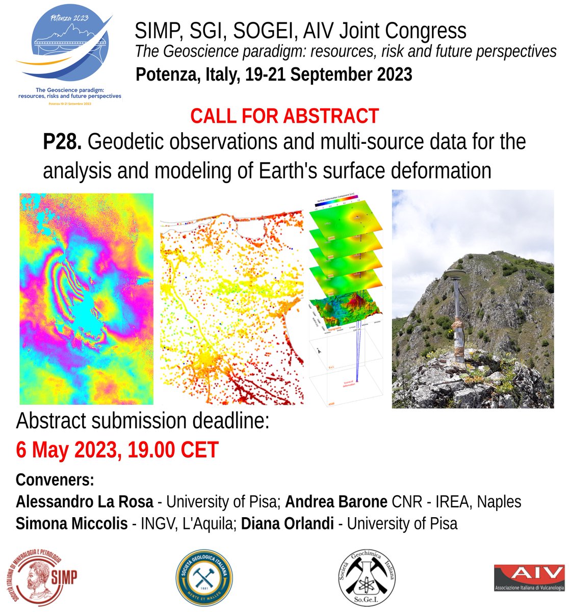 CALL FOR ABSTRACT 📢: Submission is now open for our session on geodesy for Earth surface deformation studies at the 2023 SIMP,SGI,SOGEI, AIV joint congress in Potenza (Italy) @DianaOrlandi @Simo_0625 @soc_min_pet @SocGeol @SocietaGe, @AIVulcan @DstUNIPI. Submit now!😊