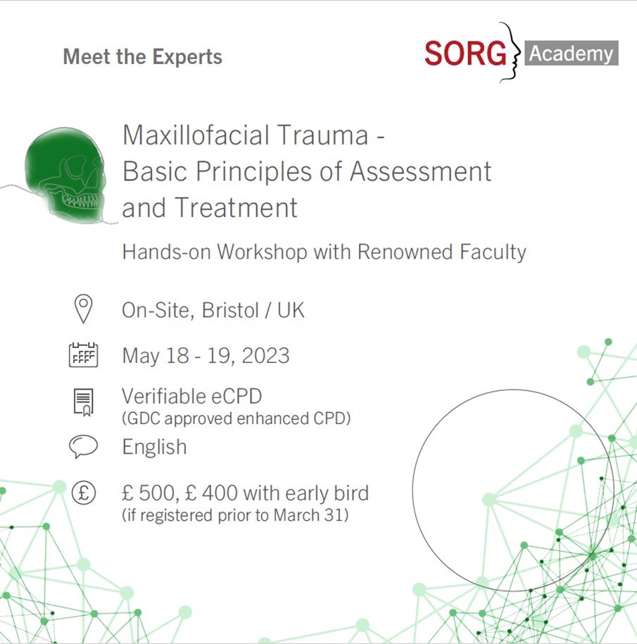 Really looking forwards to teaching on the SORG basic principles in Maxillofacial Trauma course on 18-19th May; a really valuable course for early and middle-years trainees, focussing on key principles as well as some more novel and “thinking outside the box” approaches!