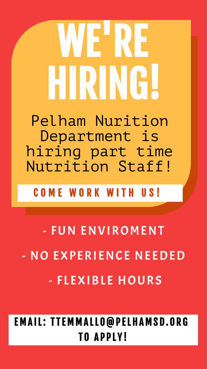 Come work with us!!🧑🏽‍🍳
Pelham Nutrition Department is hiring! 
To apply email: ttemmallo@pelhamsd.org