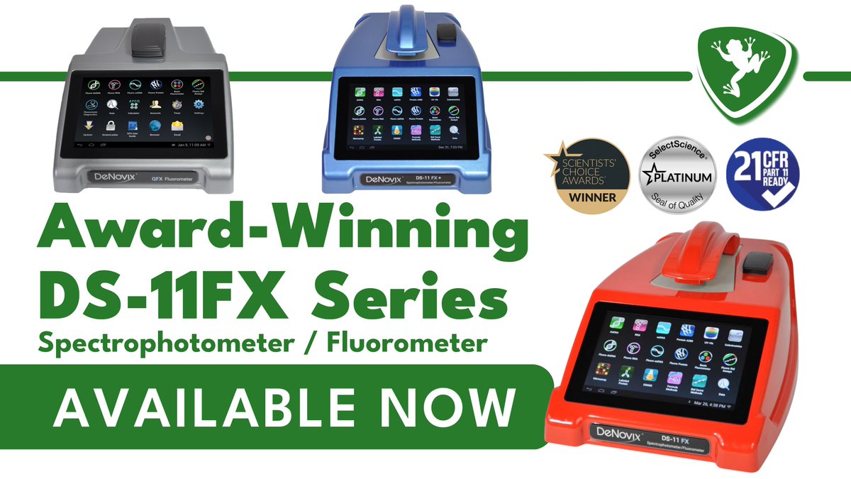 FroggaBio's tweet photo. The @DeNovix AWARD-WINNING DS-11FX series of Spectrophotometers/Fluorometers is available now at FroggaBio! πΈ
LEARN MORE: https://t.co/3yKzDxMye9
#DeNovix #Fluorometry #Fluorescence #Quantification #AssayKits #Assay #Spectrometry #Cuvette #CuvetteReader #Sensitvity #FroggaBio https://t.co/fMnnAPkWvg