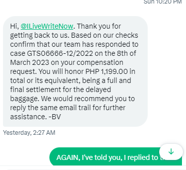 ILiveWriteNow's tweet image. DAY 83 of @MAS abusing my patience #MalaysiaAirlinesABUSE Received email re compensation offer 3-day bag delay on 16DEC22. Look at "YOU WILL HONOR PHP 1,199..."
#MalaysiaAirlinesSaga2023 #MalaysianAirlines is ORDERING me to honour their offer. #DISRESPECT Waiting on MAVCOM now.