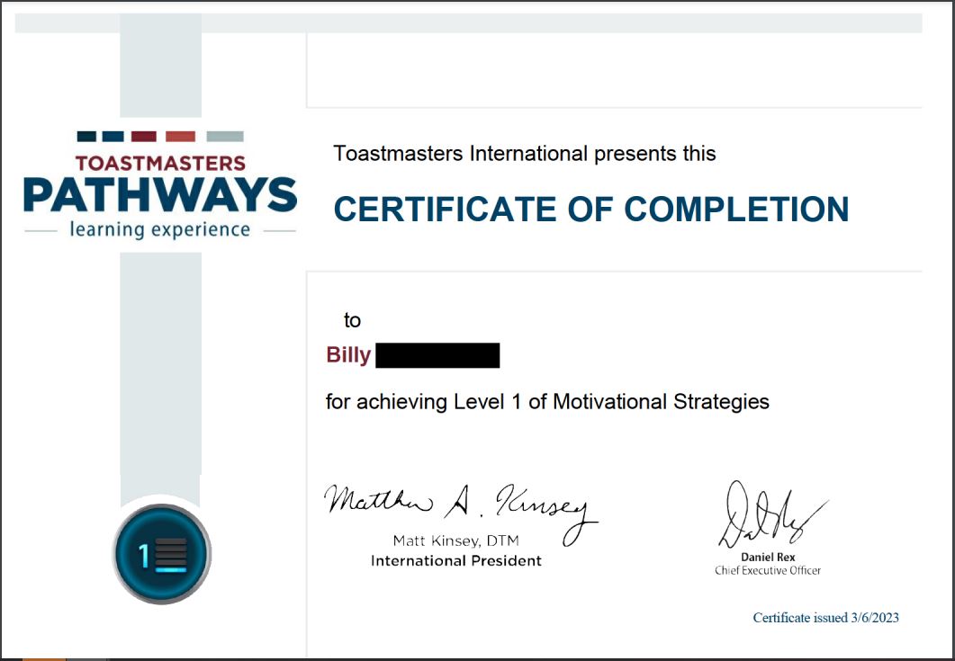 Congrats Billy on completing level 1 of the #motivational #strategies path for #Toastmasters!