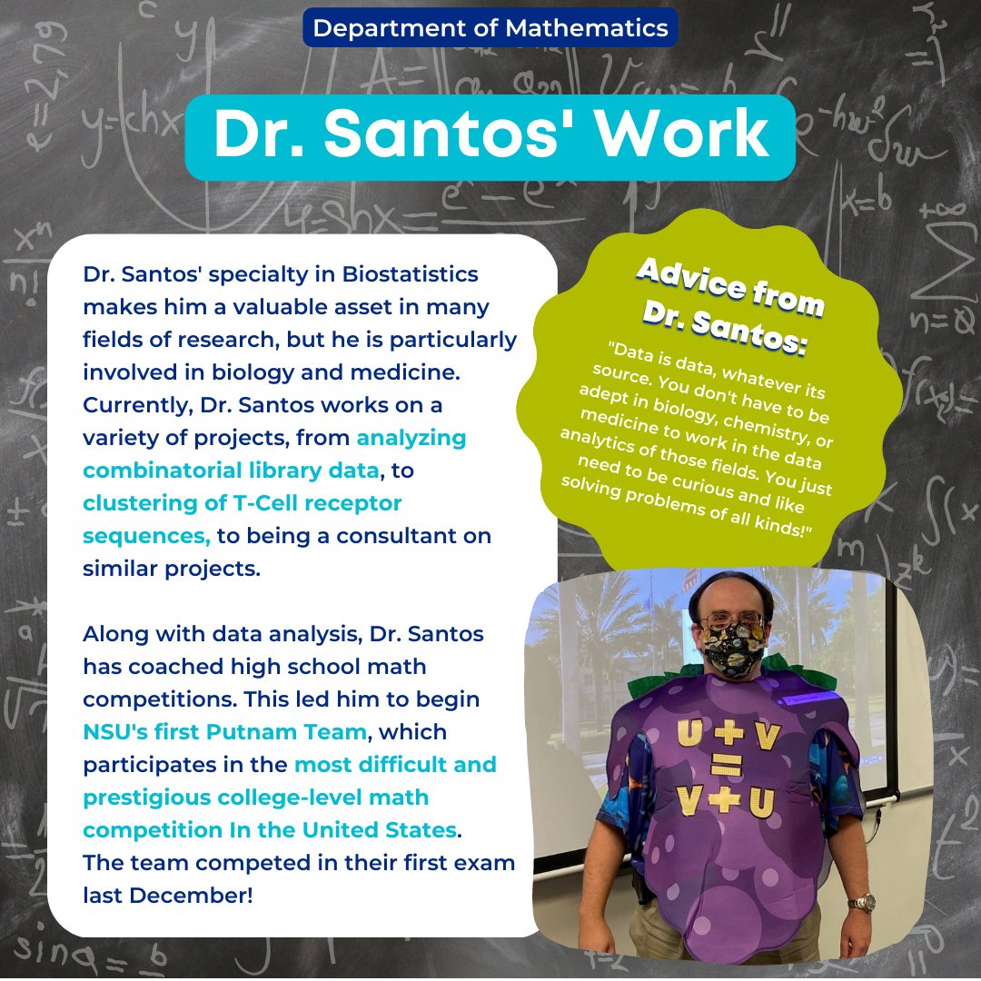 HalmosDean_NSU's tweet image. Introducing Dr. Radleigh Santos: Assistant Professor of Biostatistics in the Dept. of Mathematics!🦈

Dr. Santos uses math in across many disciplines, but his research is centered on biology and medicine.➗
-
#NSU #HCAS #HalmosCollege #Mathematics #Biostatistics