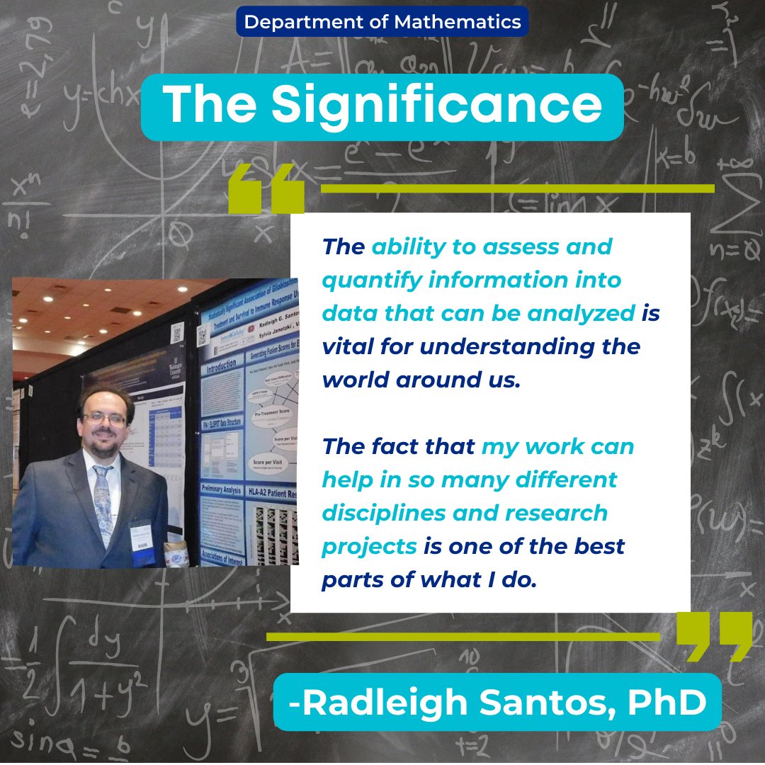 HalmosDean_NSU's tweet image. Introducing Dr. Radleigh Santos: Assistant Professor of Biostatistics in the Dept. of Mathematics!🦈

Dr. Santos uses math in across many disciplines, but his research is centered on biology and medicine.➗
-
#NSU #HCAS #HalmosCollege #Mathematics #Biostatistics