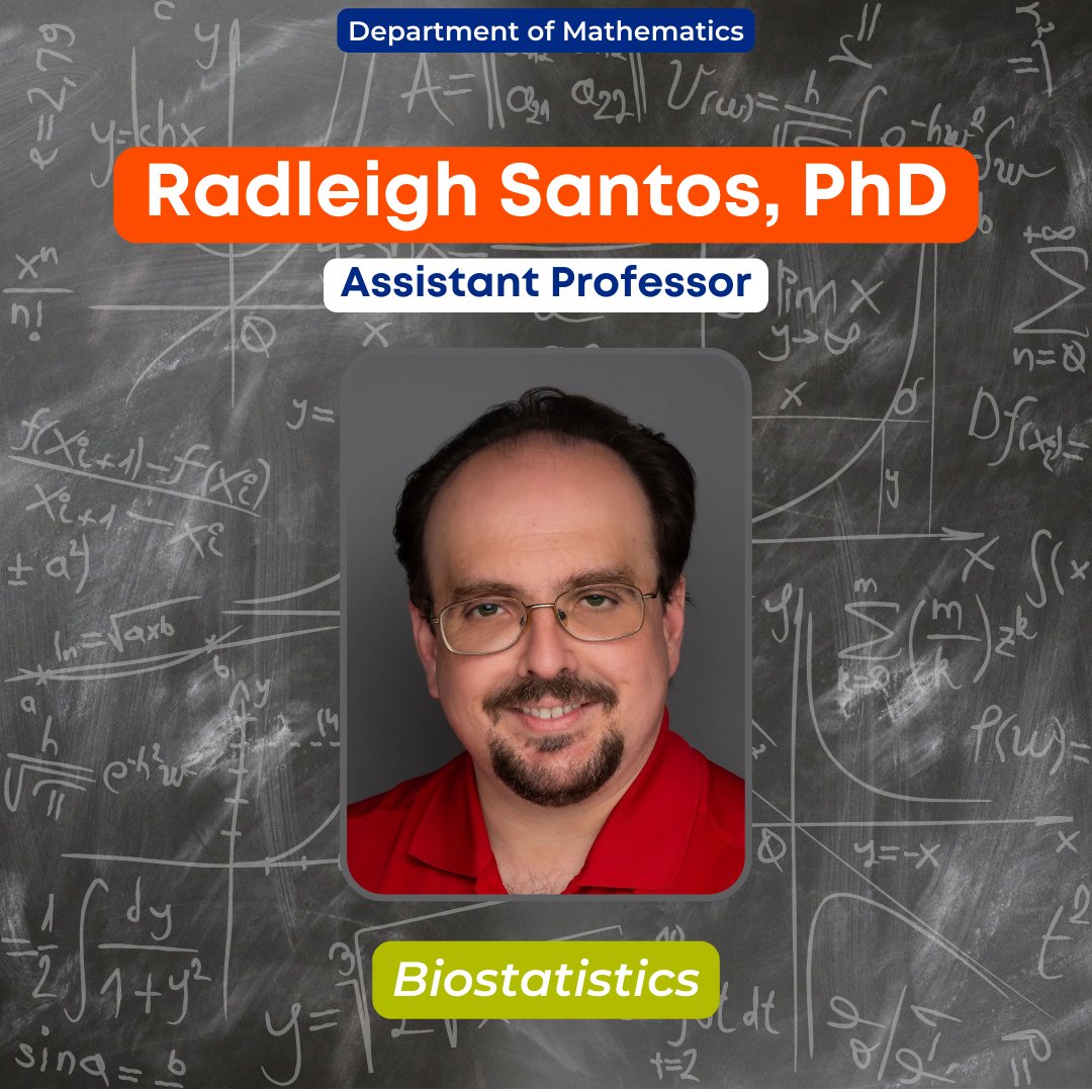 HalmosDean_NSU's tweet image. Introducing Dr. Radleigh Santos: Assistant Professor of Biostatistics in the Dept. of Mathematics!🦈

Dr. Santos uses math in across many disciplines, but his research is centered on biology and medicine.➗
-
#NSU #HCAS #HalmosCollege #Mathematics #Biostatistics
