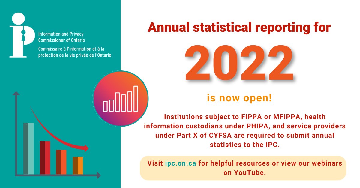 IPCinfoprivacy's tweet photo. Attention #FIPPA #MFIPPA #PHIPA #CYFSA organizations! If you've submitted a statistical report online before, your login is the same. There's no need to register; simply go to the stats reporting website to submit your report: https://t.co/zwjMX8SNad @our_children @AMOPolicy https://t.co/XHHfj3ML4C