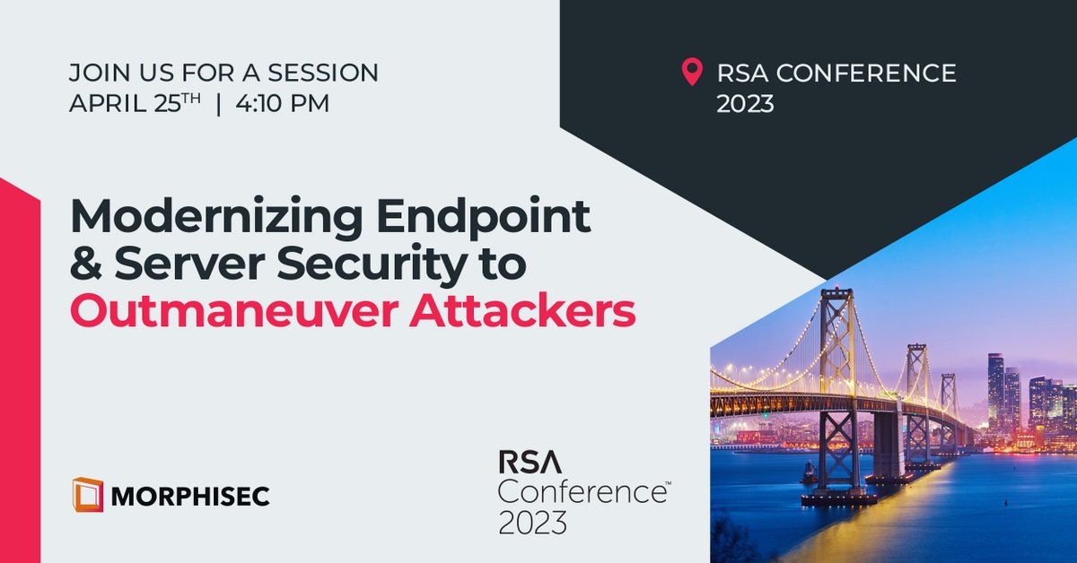 morphisec's tweet photo. We can't wait to meet you at @RSA in San Francisco! 🎉 Join Morphisec CTO Michael Gorelik for a LIVE #RSAC session: "Modernizing Endpoint &amp; Server Security to Outmaneuver Attackers."

Get the details here: https://t.co/QVgD7xi0rI

#RSA #Cybersecurity #MTD #MovingTargetDefense https://t.co/1JgGDS1NiM