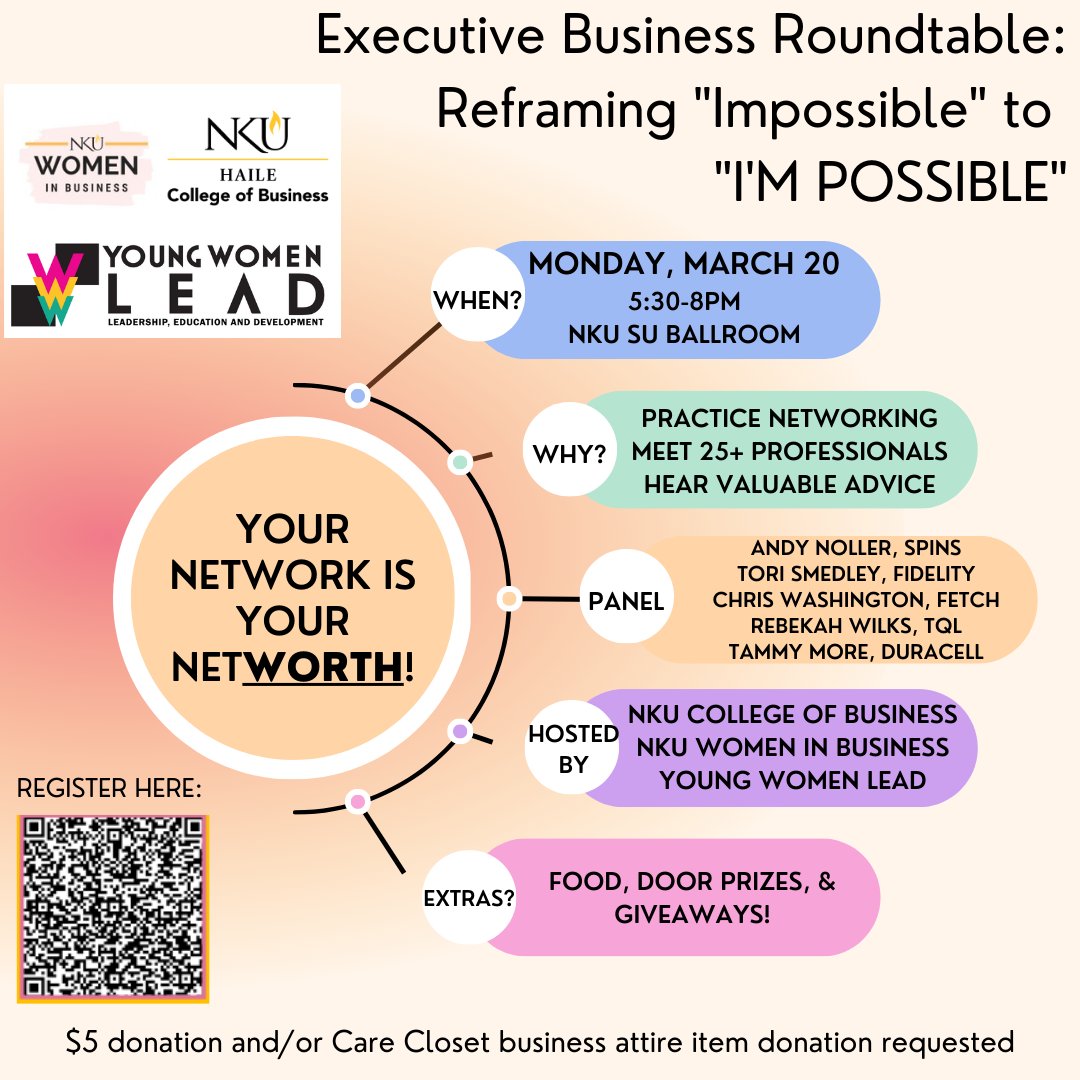 The #NKU #HaileCollegeofBusiness, #WomenInBusiness, and #YoungWomenLEAD host the Women in Business Roundtable: Reframing impossible to I'M POSSIBLE (open to ALL students/staff/faculty) on Monday, 3/20/23 from 5:30 to 8 in the SU Ballroom. Registration is required for this event.