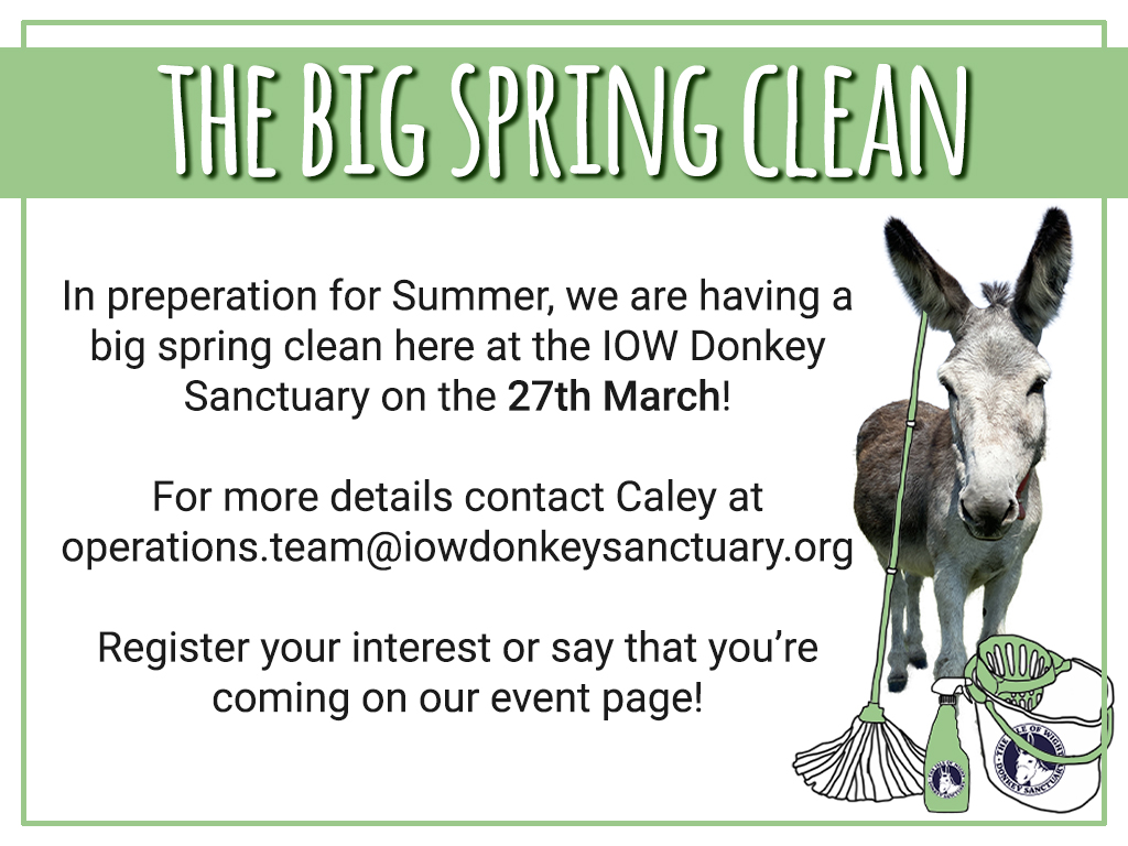 We're looking for some help at our Big Spring Clean, if there is anyone that would like to volunteer some time on Monday 27th March to help us clean up before Summer.
View our event page here fb.me/e/10hYpHanH
#volunteer #bigspringclean #donkeysanctuary #IsleofWight