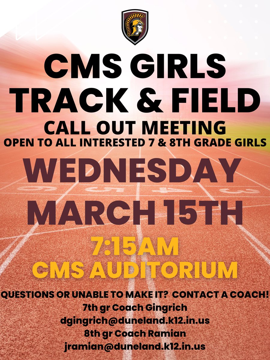 CMS_Trojans's tweet photo. 7th &amp; 8th Grade Girls interested in Track &amp; Field - Join us in the CMS Auditorium tomorrow, Wednesday March 15th at 7:15am for the call out meeting. https://t.co/7kq4S4O1Z5