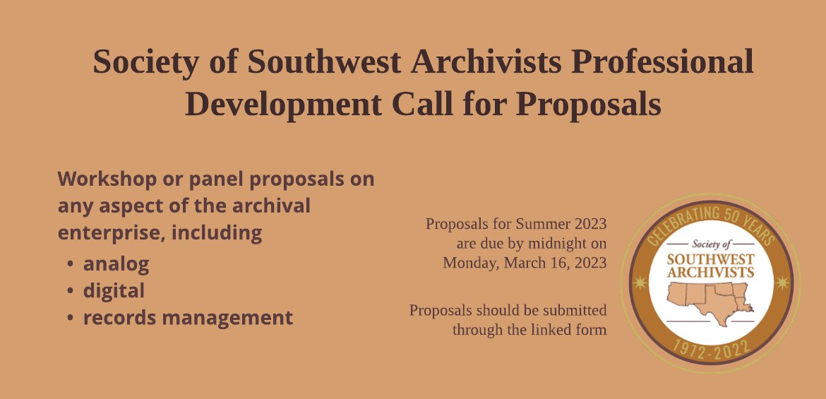 This Thursday is your last day to submit Professional Development workshop or panel proposals! We'd love to help you share your archival knowledge and expertise, so be sure to make your submissions by midnight on Thursday, March 16. …ofsouthwestarchivists.wildapricot.org/Workshop-Propo…