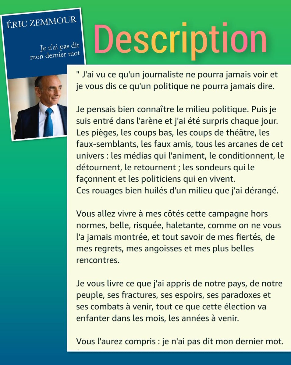 📖 'J'ai vu ce qu'un journaliste ne pourra jamais voir et je vous dis ce qu'un politique ne pourra jamais dire' - Éric Zemmour 
Toutes les révélations sur la campagne #Presidentielle2022 à lire dans son livre⤵️ #JeNaiPasDitMonDernierMot 
#Zemmour16Mars #Reconquete #FaceALinfo