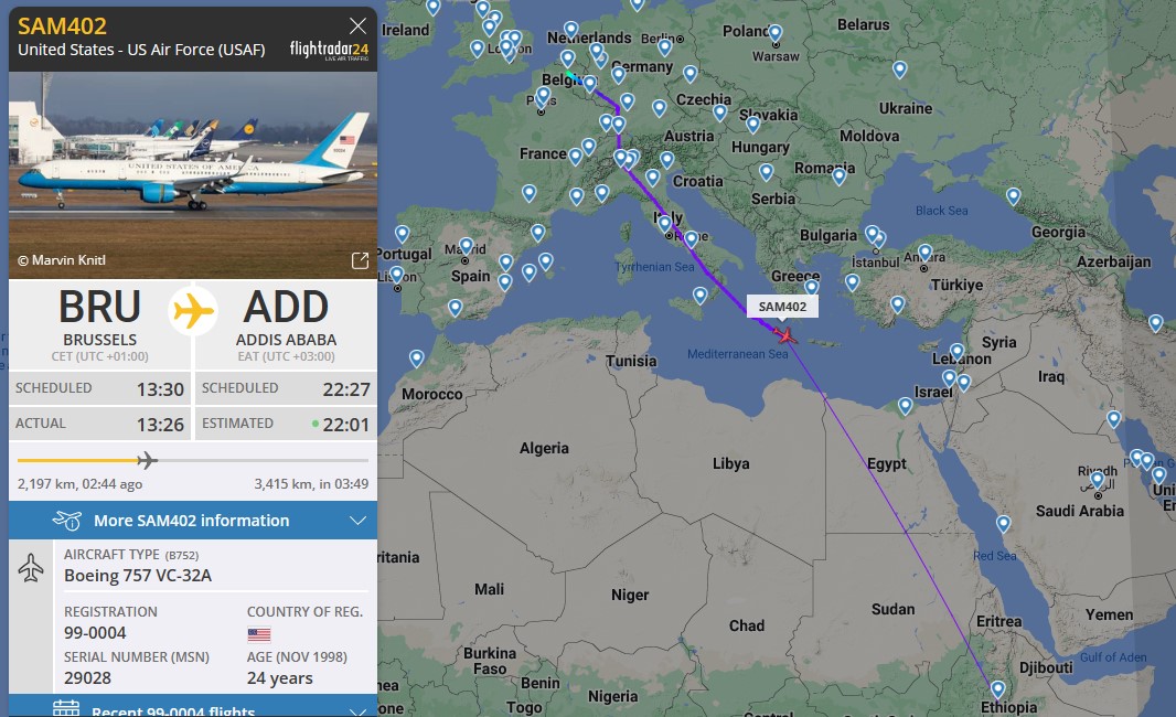 Laurent_Le_Bloa's tweet photo. Boeing VC-32A #SAM402 99-0004 #POTUS #AirForceTwo related to US Vice President Kamala Harris 4  fm #Brussels #Belgium toward #AdisAbeba #Ethiopia
@RAbdiAnalyst @Abdi678 @G_OnTheGround @OAbraar @Wild_JSL @_ngwata @YahyeSL @ManlikeAK47 @awkulmiyow @ATCprowler @kinjeketile https://t.co/o4s2l4r0NX