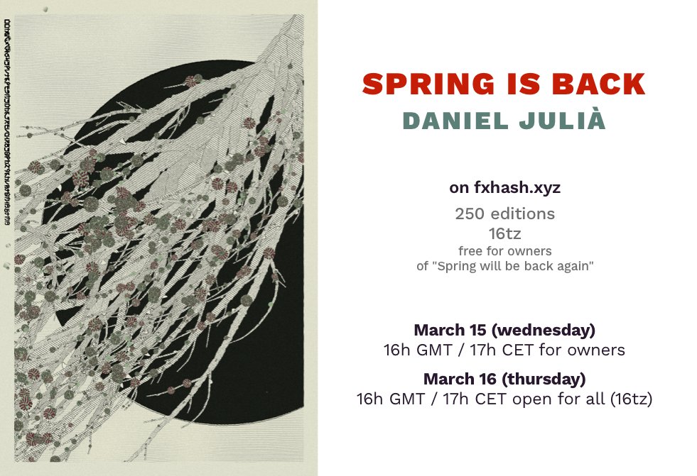 daniel_julia's tweet photo. #springisback opening tomorrow wednesday 17.00h CET
Free for #springwillbebackagain owners (snapshot will be taken in 4 hours, 20.00h CET) then 16tz for all.
You'll have as many reserves as tokens you own
Link to project (note it has changed) below --> https://t.co/Ne2AhIqQNV