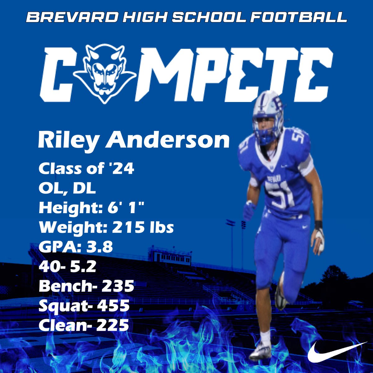 BHSBlueDevil_FB's tweet photo. Coaches, take a moment to check out Riley Anderson 
(@RileyAn56412545) for your program! He's a class of 24 lineman who was our anchor at left tackle last season. He is aggressive off the ball and is a great blocker. 
**Updated Maxes**
https://t.co/itzWkEIJhK https://t.co/keDjDxyTEC