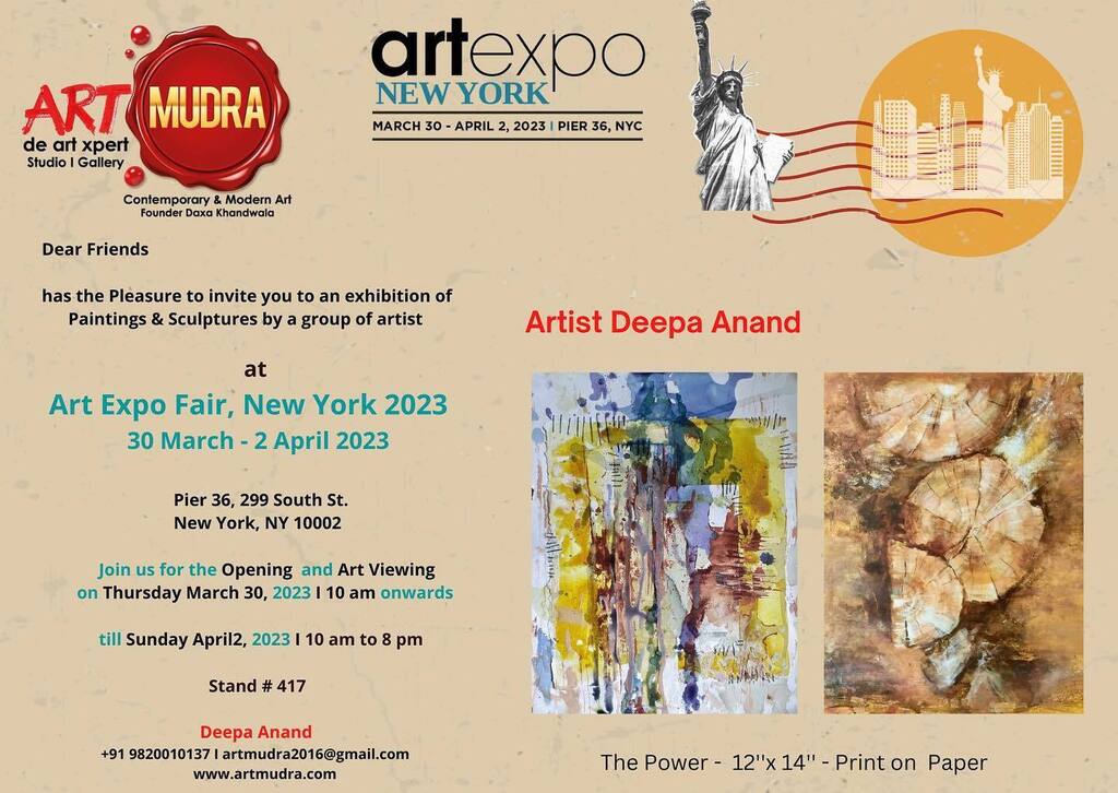 Dear friends,

Watch out for this space! Save the Date..

Tick Tock …Countdown Begins Starts..
Gear up..Ready Steady &amp; Go..

I Deepa Anand, am very excited to be a part of the #Art Expo Fair, New York's #30 March -2 April 2023 edition, under the panel of #Artmudra - de art x…