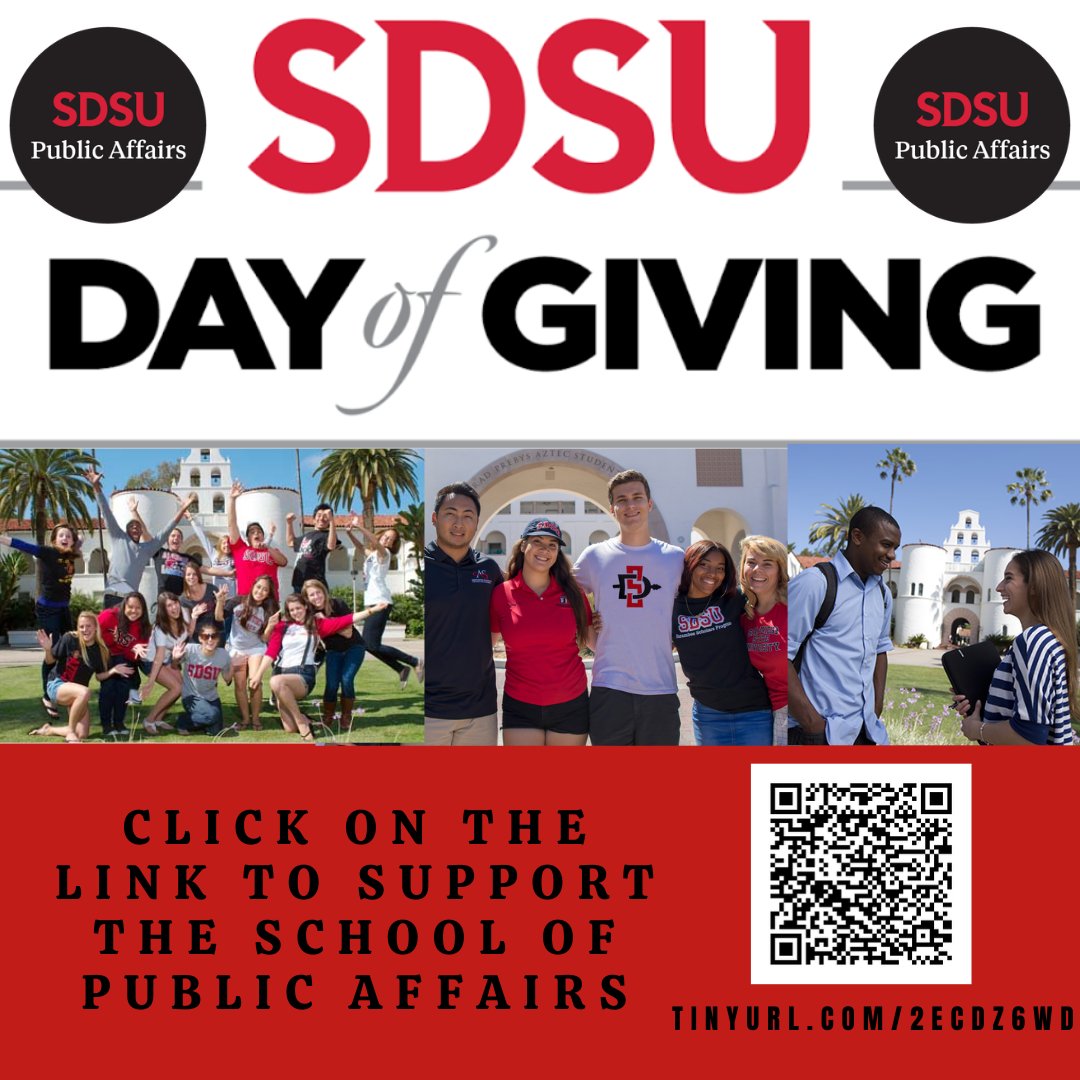 sdpublicaffairs's tweet photo. SDSU's Day of Giving happening today! Click on the link below to positively impact the School of Public Affairs here at San Diego State.
https://t.co/7ewoKuFzRM
#sdsugivingday #givingday #sdsuaztecs #goaztecs #aztecalumni #school https://t.co/QU8MmSWKrd