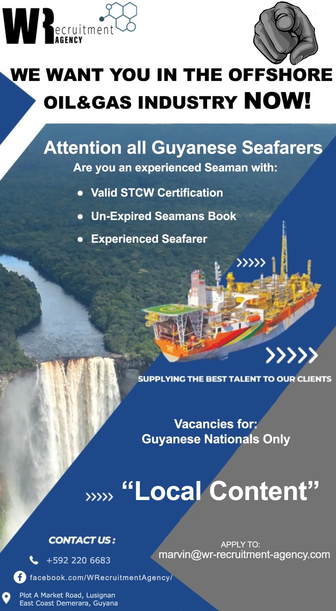 WR Recruitment Agency Inc.
WE’RE #HIRING!
These vacancies are open to Guyanese nationals ONLY…
Guyanese Living or Working Abroad!
#Guyanese #seafarers #seamen #offshorejobs #offshorelife #recruitment #vacancies #wearehiring #hiringnow