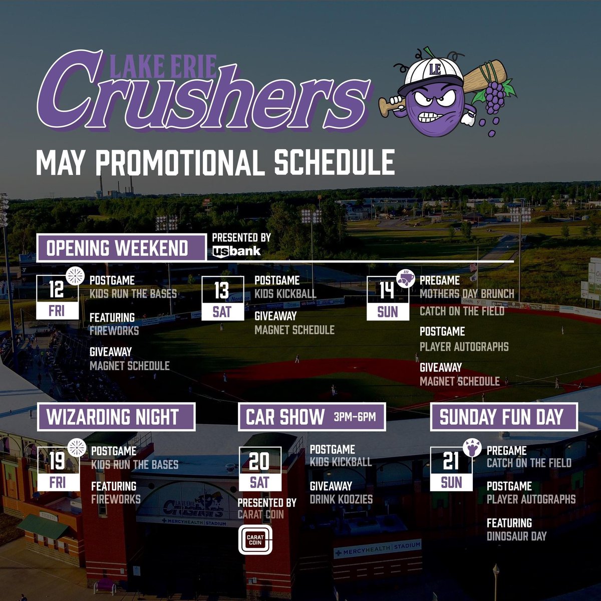 LECrushers's tweet photo. Lake Erie Crushers release 2023 Promotional Schedule! With 29 awesome Promos, there is a little something for everyone!
Individual tickets will be released tomorrow, March 15th, at 10 a.m.
For more information visit: https://t.co/eyQ6eWy08F
#LakeErieCrushers #15YearsofFun #OH https://t.co/Zs1y78hDaO
