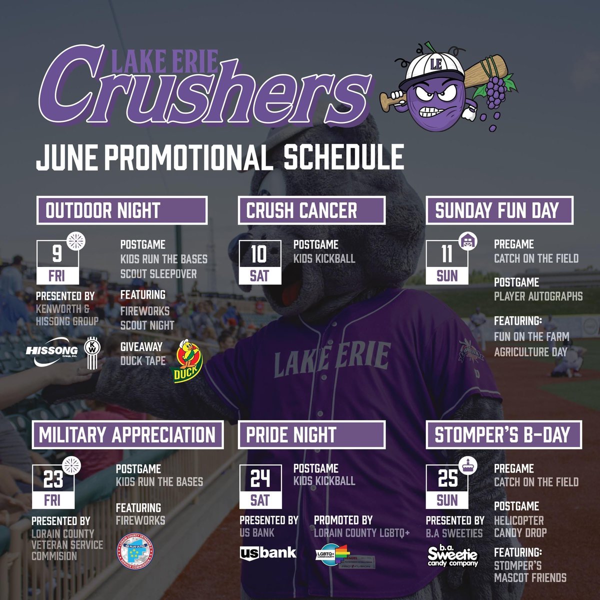 LECrushers's tweet photo. Lake Erie Crushers release 2023 Promotional Schedule! With 29 awesome Promos, there is a little something for everyone!
Individual tickets will be released tomorrow, March 15th, at 10 a.m.
For more information visit: https://t.co/eyQ6eWy08F
#LakeErieCrushers #15YearsofFun #OH https://t.co/Zs1y78hDaO
