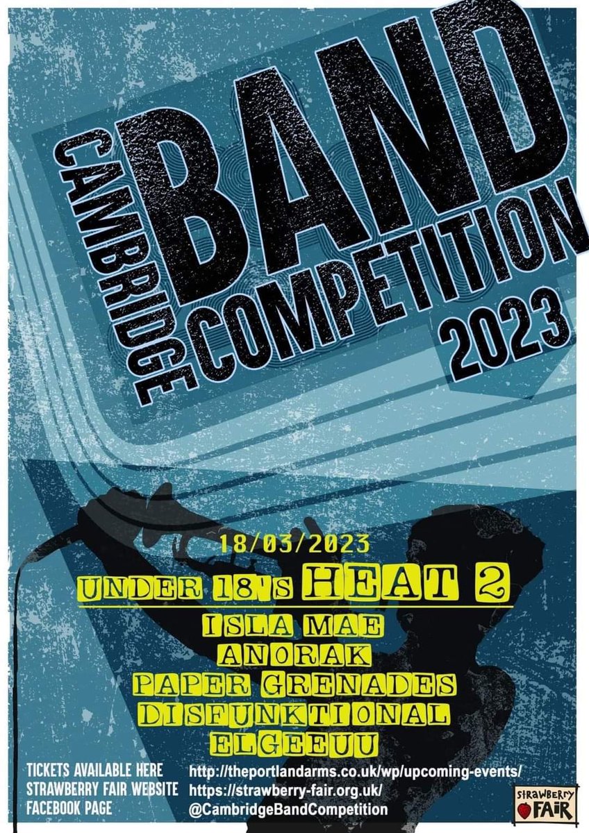 DebbieC51201416's tweet photo. This Saturday Cambridge band Competition Under 18s Heat 2 from 12pm

Tickets are on sale now through The Portland Arms website 🎟 

https://t.co/HcvRUo2e0b…

#CambridgeBandCompetition #strawberryfair #strawberryfaircambridge #under18s #youngtalent #bandcomp #gigs #livemusic https://t.co/TRtVvVK4Vs
