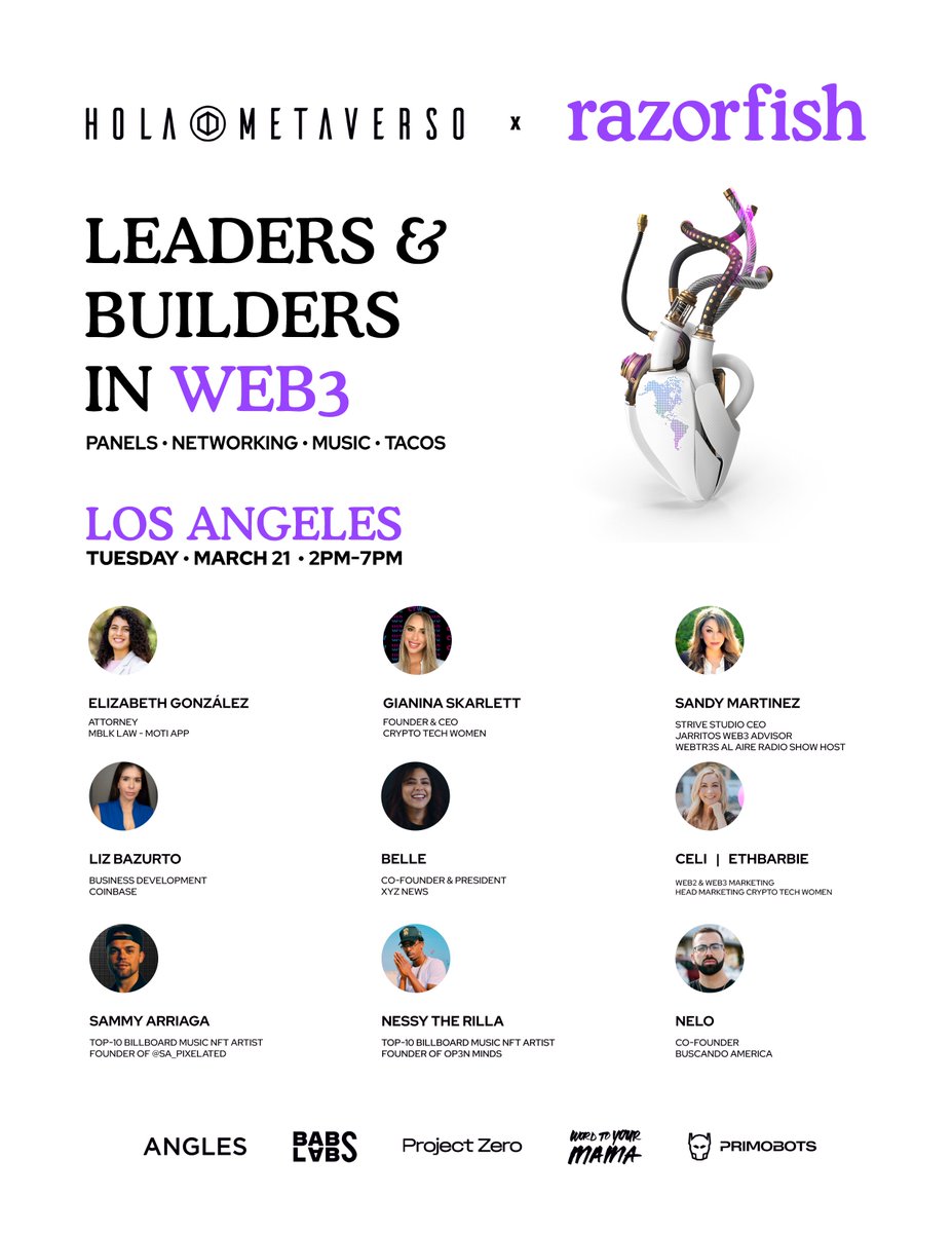 Exciting News!

We're happy to announce the amazing speakers for our MEETUP next Tuesday (3/21) in Los Angeles <a href="/WeAreRazorfish/">Razorfish</a>!

Leaders &amp; Builders in Web3
2pm - 7pm

- Industry Panel
- Music &amp; Entertainment Panel
- Networking
- Music &amp; Tacos

Please DM For Invite!