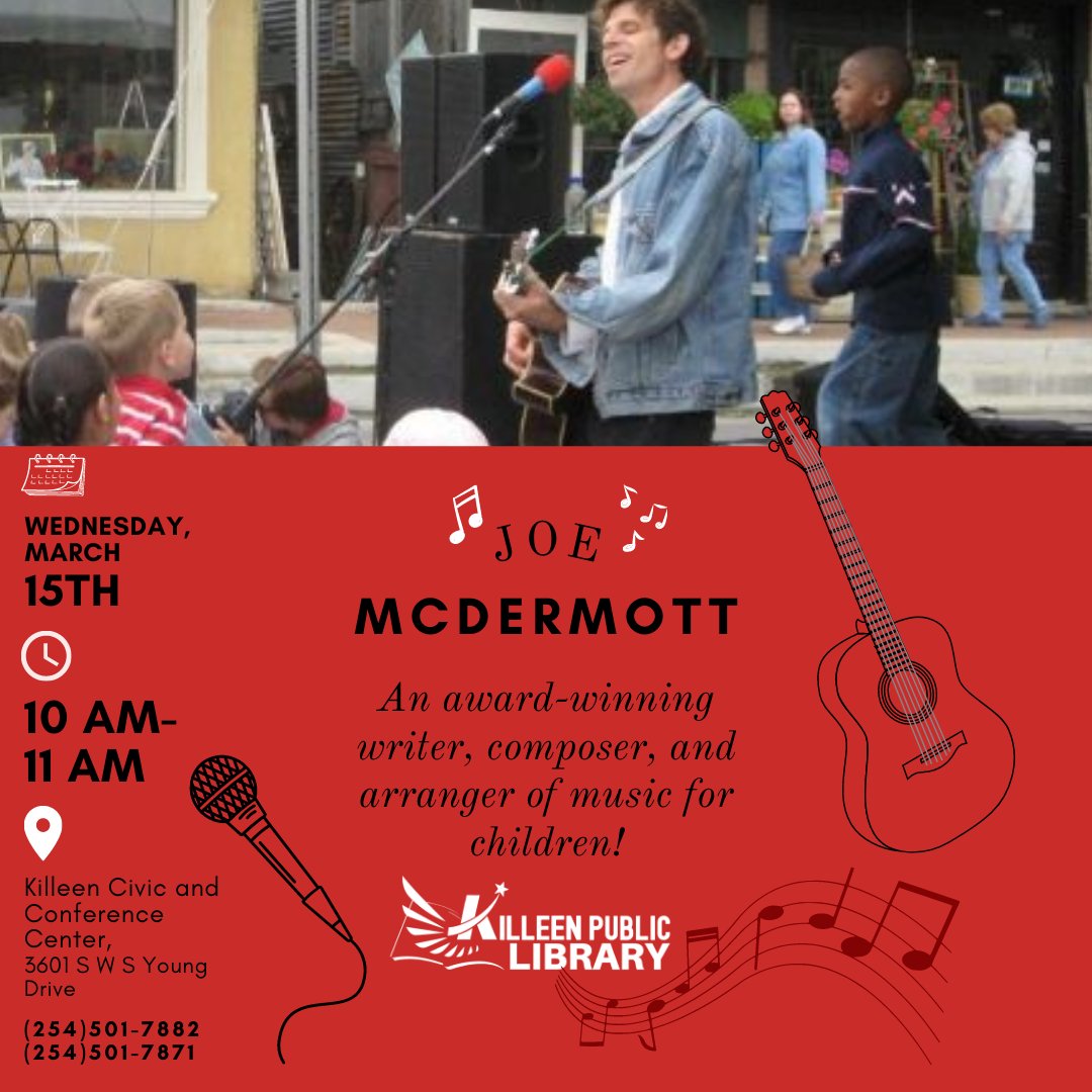 CityofKilleen's tweet image. Tomorrow is the Joe McDermott concert! It’s at 10 a.m. at the Killeen Civic &amp;amp; Conference Center. The event is FREE for everyone. So come hang out with your Killeen Public Library team and enjoy the show!

#KilleenPublicLibrary #LoveYourLibrary #LibraryPrograms #ThingsToDo #Free
