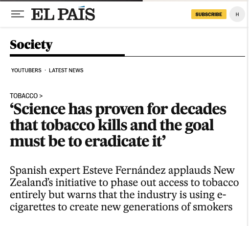 TobControlUnit's tweet photo. Interview with Dr. Esteve Fernández @stvfdz from @TobControlUnit @ICO_oncologia @idibell_cat @CIBERES @UBDivulga about New Zealand’s initiative towards #TobaccoEndgame.

➡️ https://t.co/TZYABIJ6Eb 

by @oriol_guell @elpaisinenglish @el_pais https://t.co/PqgcxJixzx
